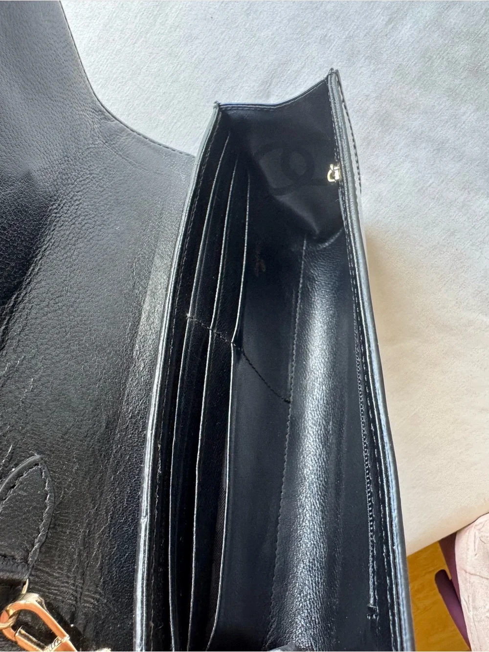 Black Patent Leather Wristlet Clutch with White CC Emblem